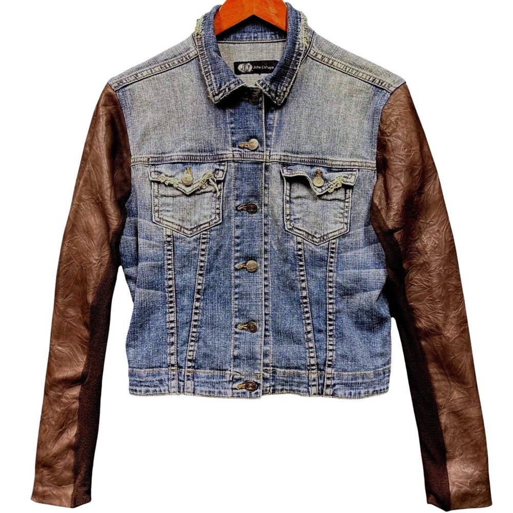 John Eshaya JET Denim & Leather Trucker Jean Jacket Womens Size P/S Retro